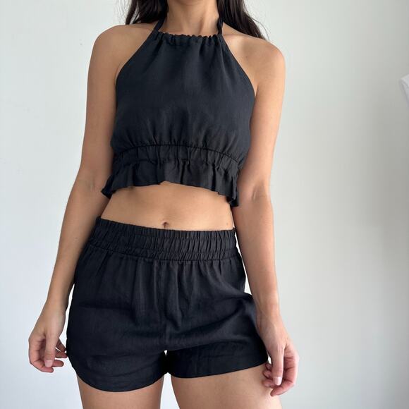 Touche Internacional Pants - Touche Linen Set Small Black Co Ord Shorts Crop Top Resort Vacation Minimalist